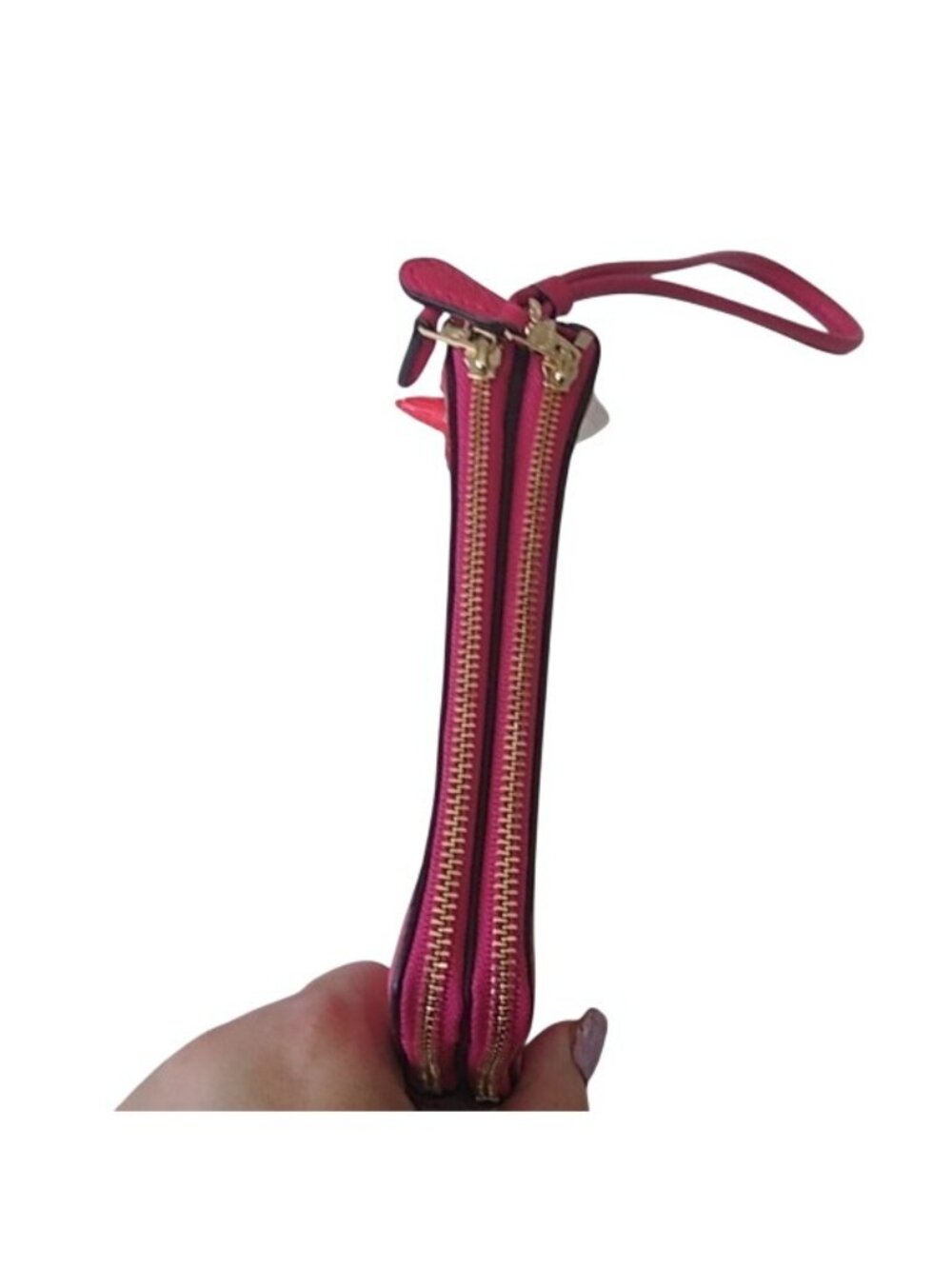 Coach F66505 Pebble Leather Double Corner Zip Wristlet, IM/Bright Pink - Picture 6 of 7